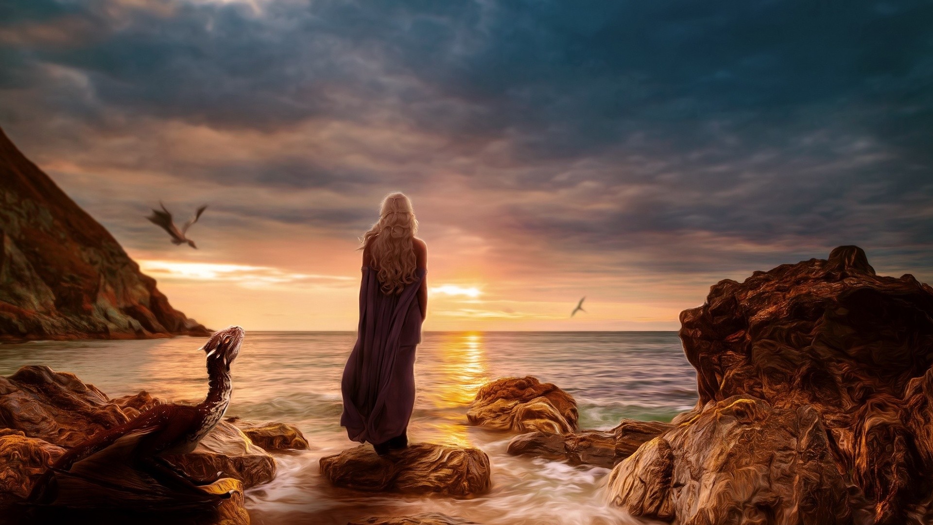 Daenerys Targaryen, Game of Thrones, Dragon, Sea, Sunset Wallpaper