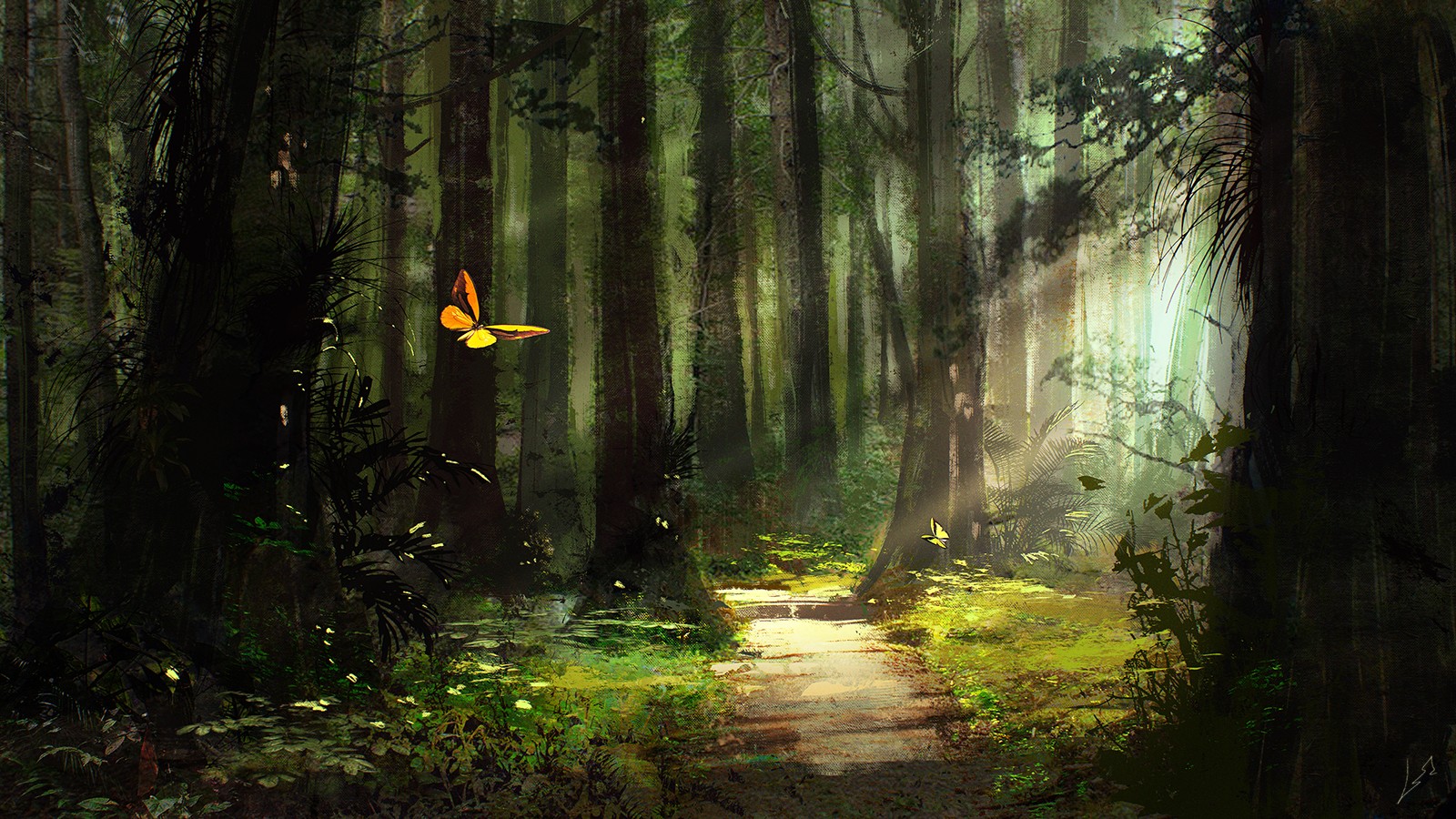 fantasy art, Artwork, Butterfly, Trees, Path, Sunlight, Plants