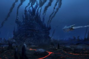 fantasy art, Artwork, Digital art, Science fiction, Underwater, Lava, Sailing ship, Smoke, Rocks, Subnautica
