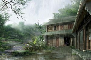 fantasy art, Artwork, Pixelated, Digital art, House, Trees, Plants, Leaves, Window, Rain, China, Stairs
