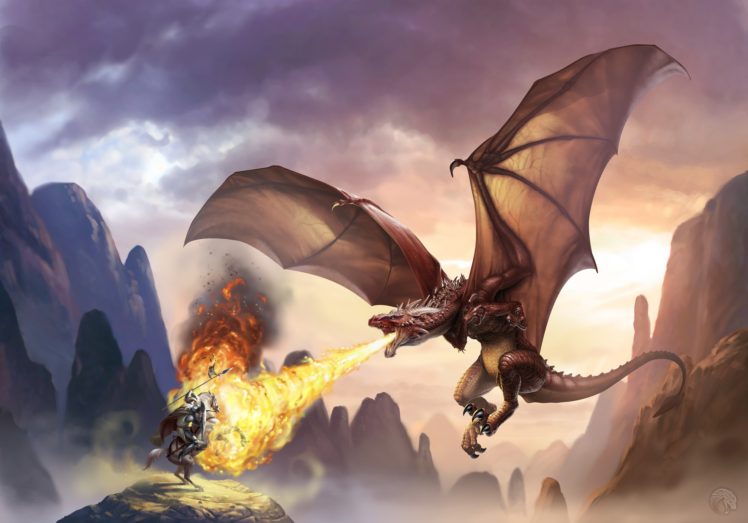knight, Digital art, Fantasy art, Dragon, Wings, Rock, Fire, Flying, Spear, Horse HD Wallpaper Desktop Background
