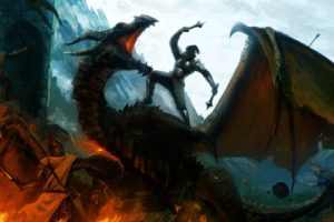 soldier, Digital art, Fantasy art, Dragon, Wings, Fighting, Castle, Fire, War, The Elder Scrolls V: Skyrim, Video games