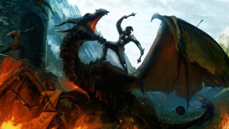 soldier, Digital art, Fantasy art, Dragon, Wings, Fighting, Castle, Fire, War, The Elder Scrolls V: Skyrim, Video games HD Wallpaper Desktop Background