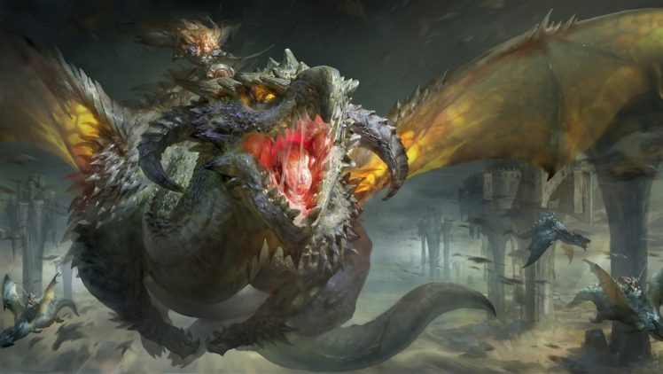 digital art, Fantasy art, Dragon, Wings, Flying, Castle, Sword HD Wallpaper Desktop Background