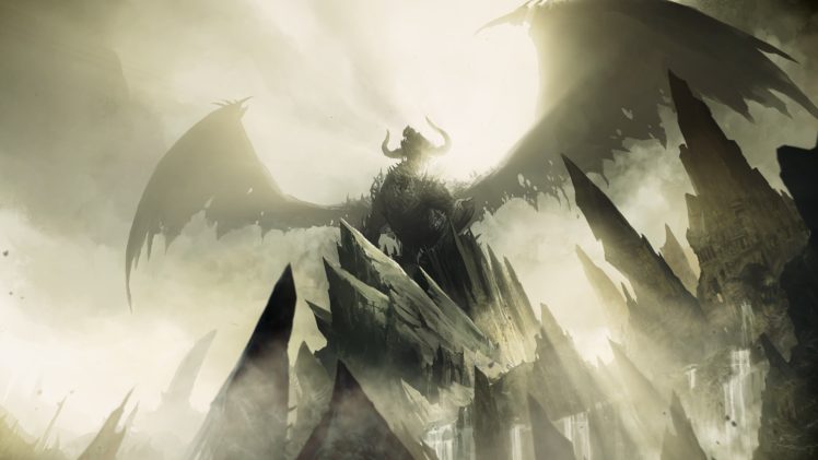 digital art, Fantasy art, Dragon, Wings, Rock, Horns, Sun rays, Mist, Guild Wars 2, Video games HD Wallpaper Desktop Background