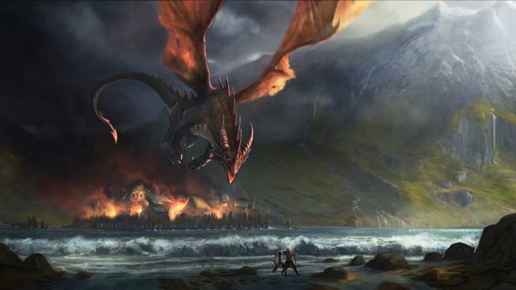 Smaug, Digital art, Sea, Dragon, The Hobbit: The Desolation of Smaug, Movies, Fantasy art, Fire, Town, Creature HD Wallpaper Desktop Background