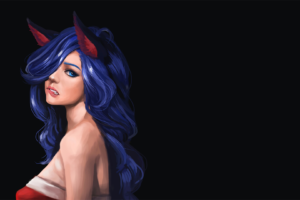 biting lip, Blue hair, Long hair, Artwork, Drawing, Black background, Fantasy girl, Fantasy art