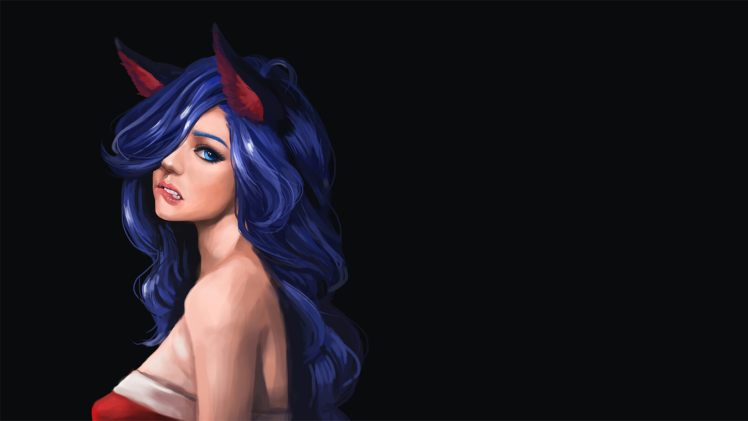 biting lip, Blue hair, Long hair, Artwork, Drawing, Black background, Fantasy girl, Fantasy art HD Wallpaper Desktop Background