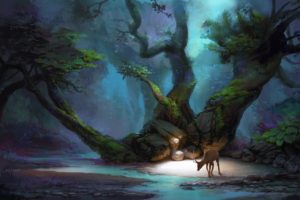science fiction, Pixelated, Fantasy art, Artwork, Digital art, Abstract, Deer, Trees, Fall, Dark