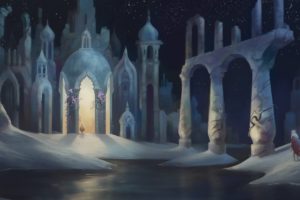 science fiction, Pixelated, Fantasy art, Artwork, Digital art, Abstract, Dark, Snow, River, Castle