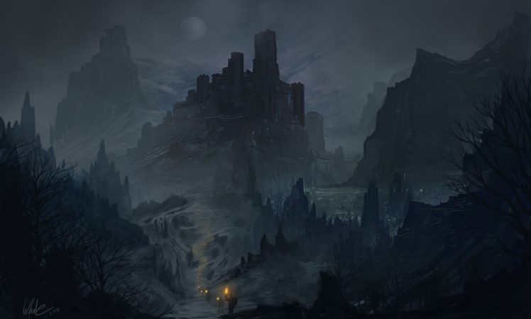 people, Fantasy art, Concept art, Artwork, Dark, Mist, Rocks, Dead trees, Mountains, Path HD Wallpaper Desktop Background