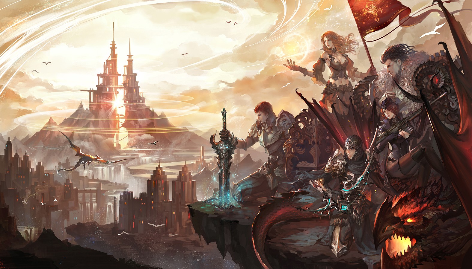 knight, Archer, Sorceress, Fantasy art, Dragons, Fantasy city, Magic Wallpaper