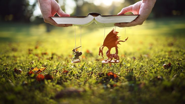 hands, Warrior, Knight, Fantasy art, Nature, Photo manipulation, Books,  Dragon, Grass, Miniatures, Toys, Depth of field, Field, Leaves, Bokeh,  Sword Wallpapers HD / Desktop and Mobile Backgrounds