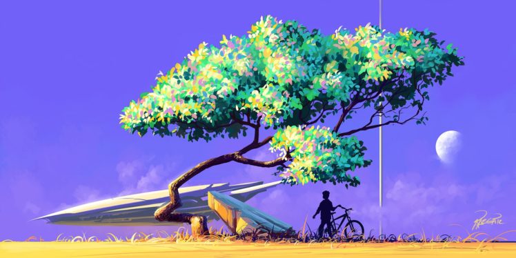 men, Digital art, Fantasy art, Science fiction, Spaceship, Planet, Trees, Bicycle, Silhouette HD Wallpaper Desktop Background