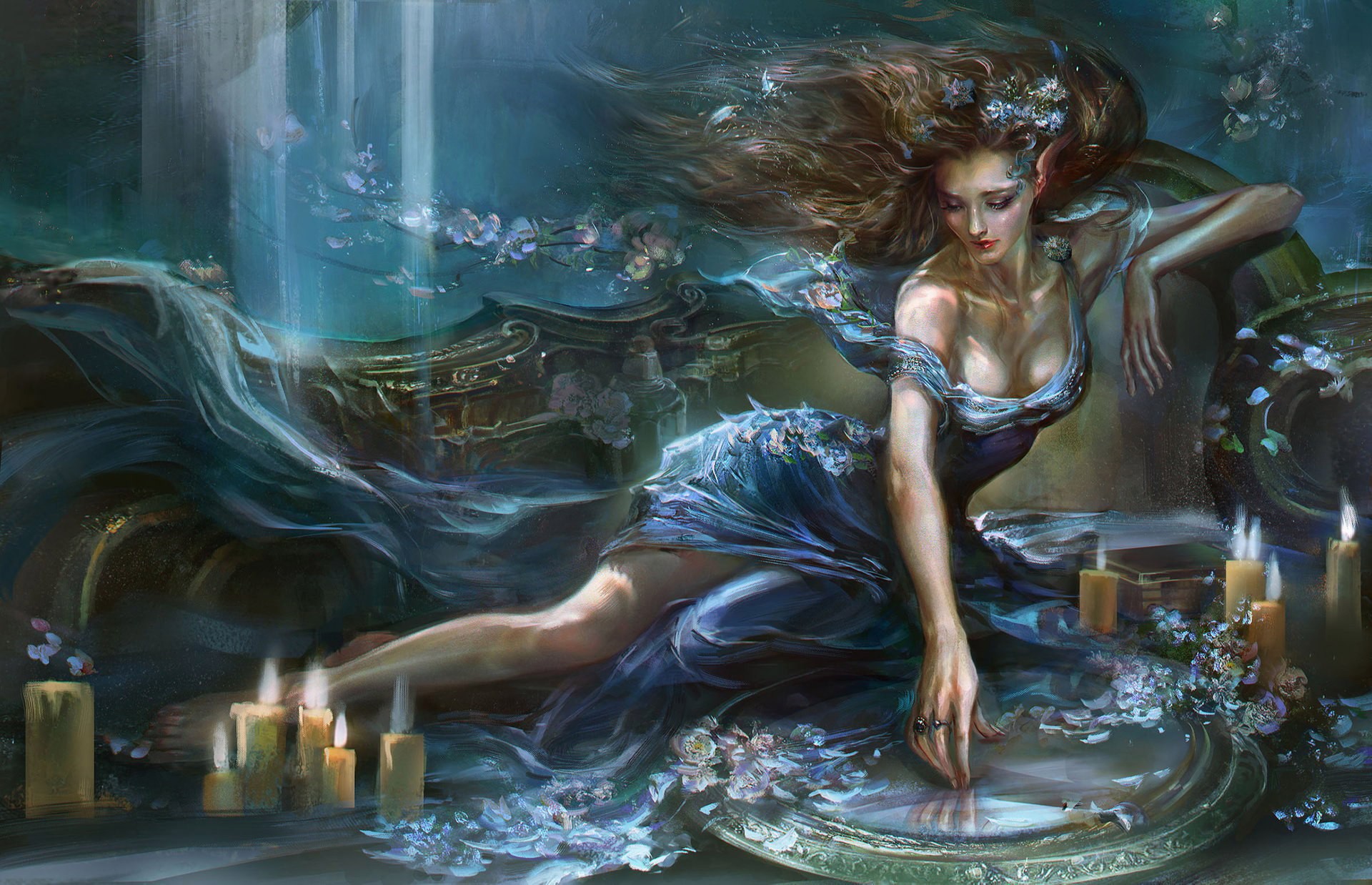 fantasy girl, Candles, Fantasy art, Blue dress, Artwork Wallpaper