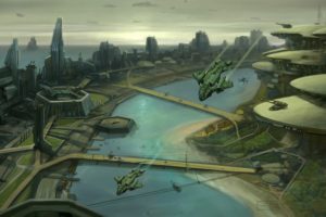 digital art, Fantasy art, Futuristic, Video games, Halo Wars, Landscape, Cityscape, Spaceship, Flying, River, Futuristic city, Building