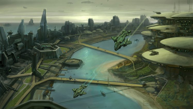 digital art, Fantasy art, Futuristic, Video games, Halo Wars, Landscape, Cityscape, Spaceship, Flying, River, Futuristic city, Building HD Wallpaper Desktop Background
