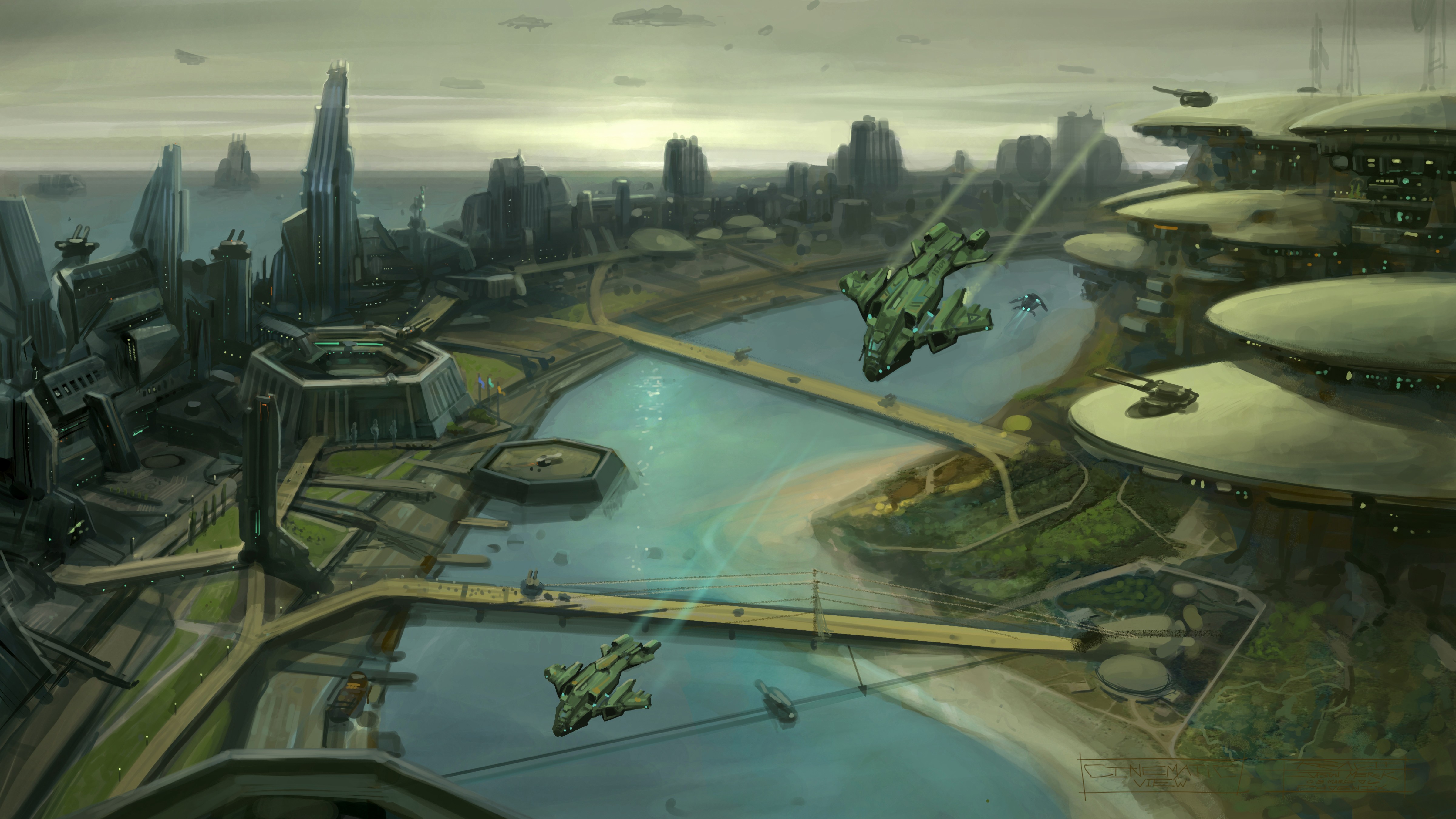 digital art, Fantasy art, Futuristic, Video games, Halo Wars, Landscape, Cityscape, Spaceship, Flying, River, Futuristic city, Building Wallpaper