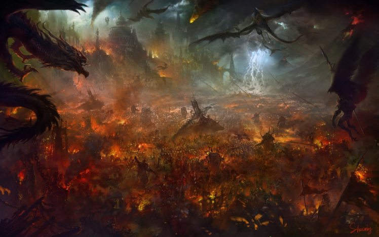 artwork, War, Fire, Burning, Thunderbolt, Siege, Castle, Destruction, Dragon HD Wallpaper Desktop Background