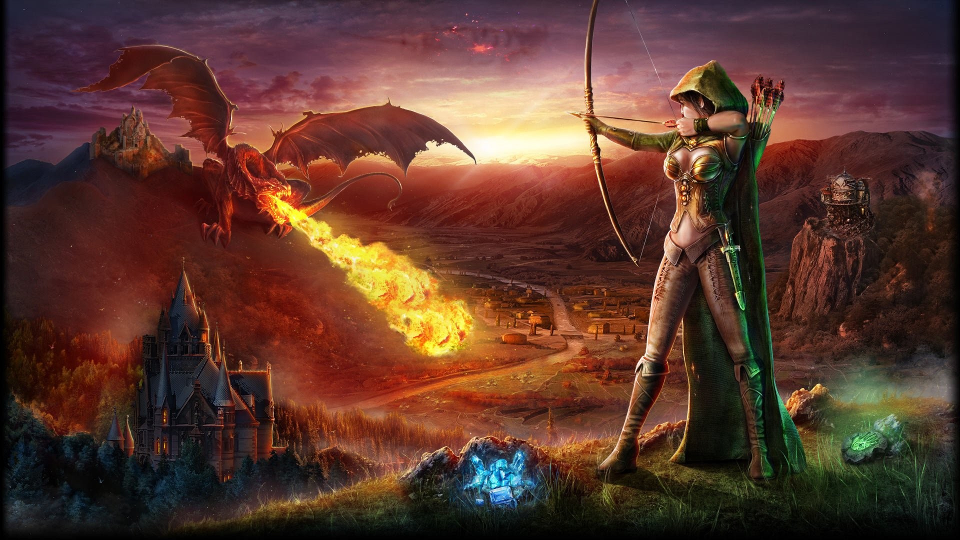 Fire dragon, Archer, Artwork, War, Armor, Fire, Castle, Fantasy art, Video games Wallpaper