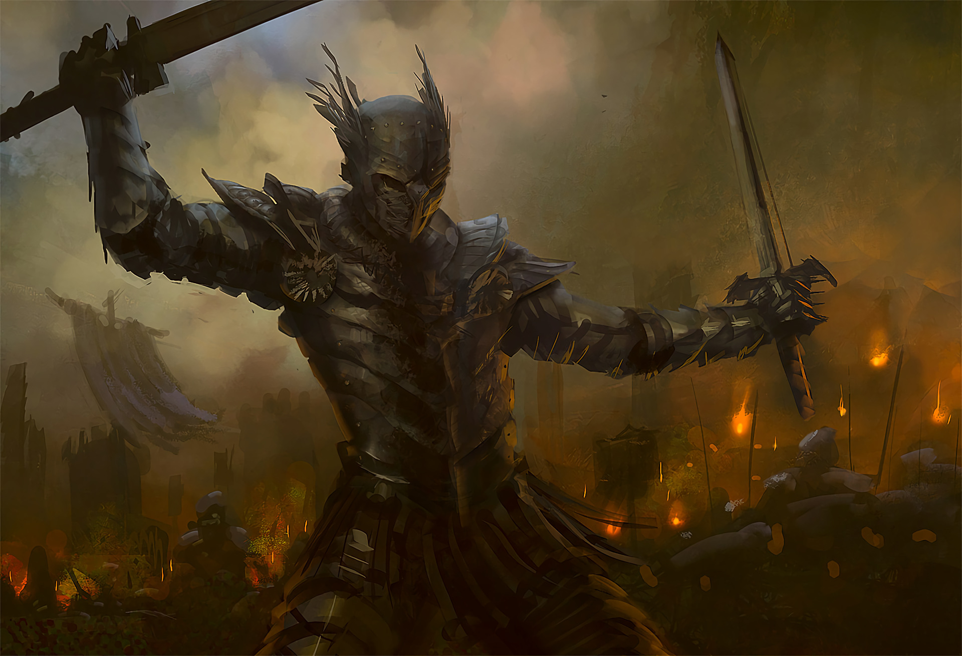 warrior, Artwork, Fire, Sword, Armor, Fantasy art Wallpaper