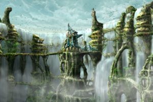 artwork,   landscape, Fantasy art, Waterfall, City, Bridge
