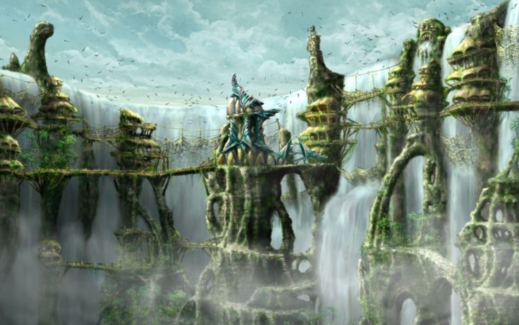 artwork,   landscape, Fantasy art, Waterfall, City, Bridge HD Wallpaper Desktop Background