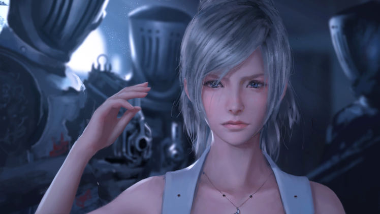 Luna (Final Fantasy XV), Guards, Final Fantasy XV, Gun, Fantasy art, Silver hair HD Wallpaper Desktop Background