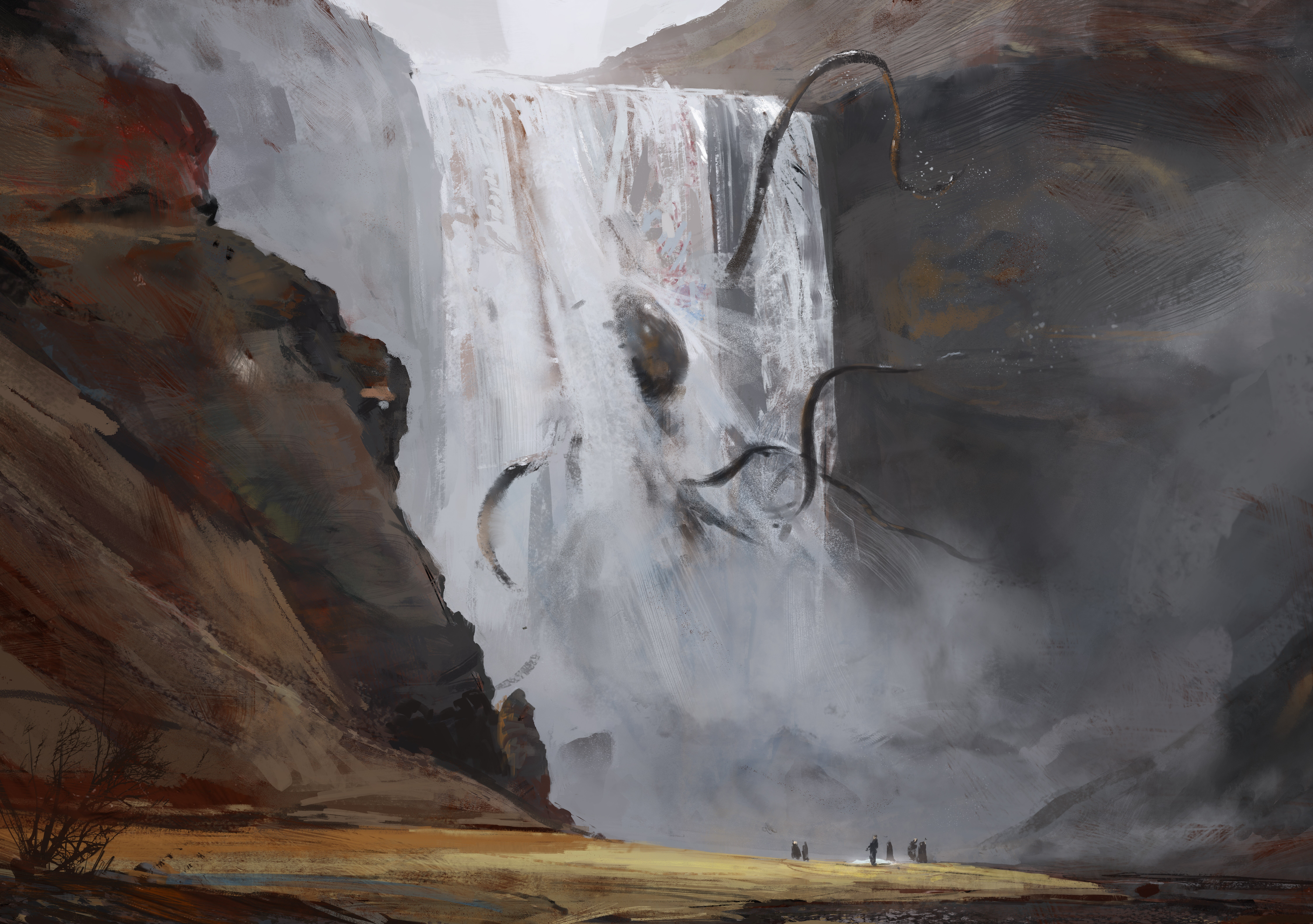digital art, Fantasy art, Nature, Rock, Waterfall, Creature, Mountains, Painting, Octopus Wallpaper