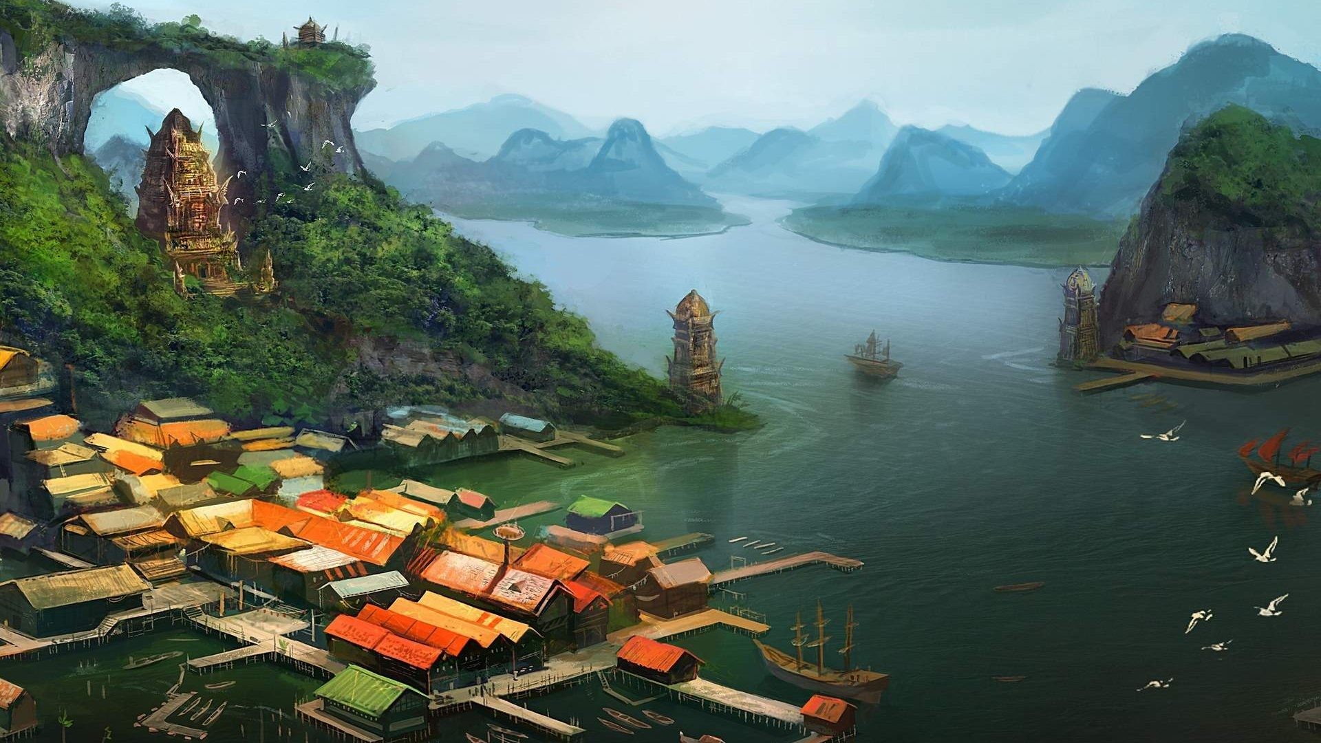 digital art, Fantasy art, Architecture, Building, House, Artwork, Painting, Rooftops, Village, Asian architecture, Lake, Mountains, Birds, Pier, Tower, Ship, Nature, Trees Wallpaper