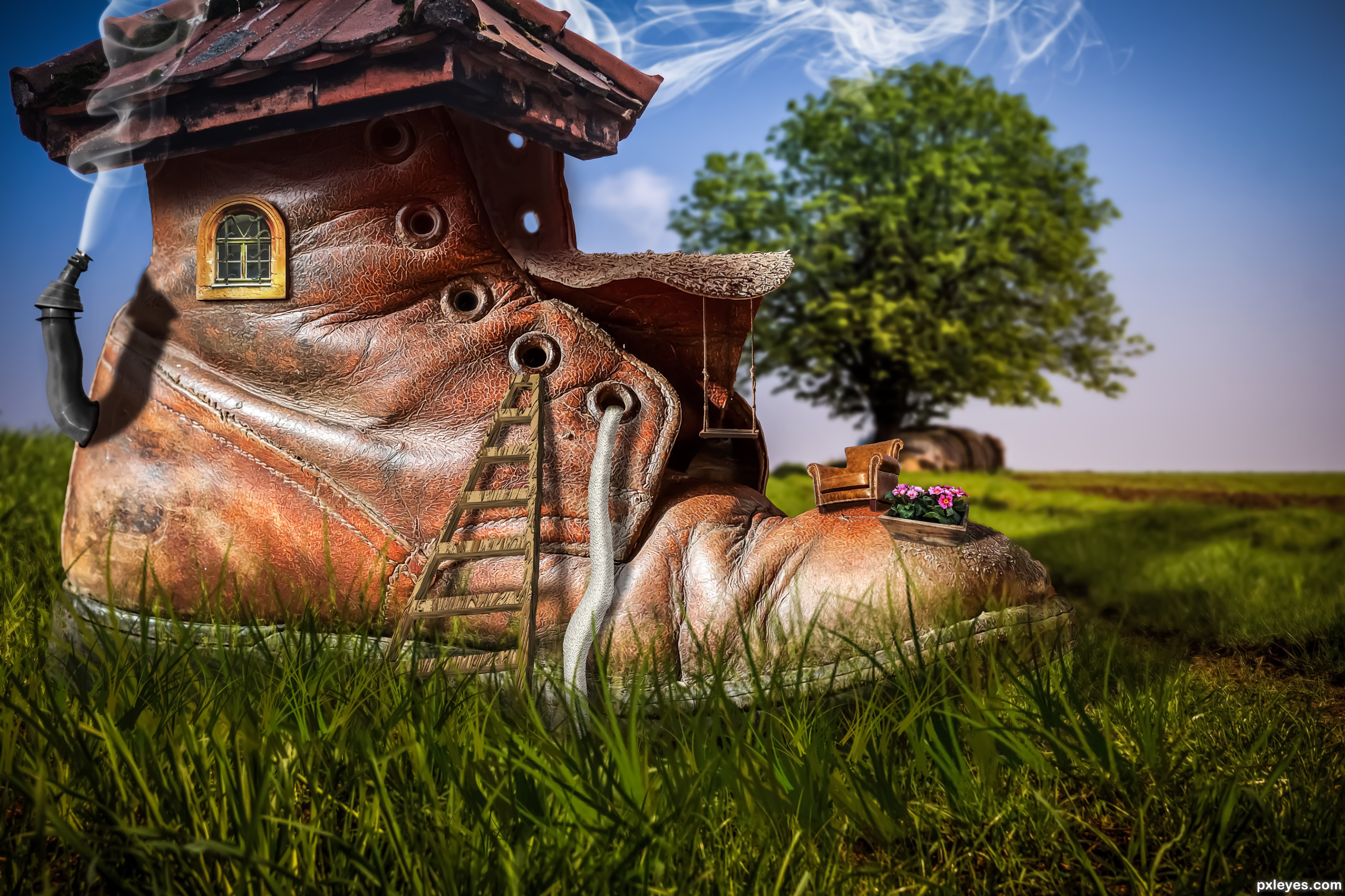 digital art, Fantasy art, Architecture, Building, House, Artwork, Painting, Boots, Nature, Landscape, Ladders, Grass, Trees, Chimneys, Window, Smoke, Shoes, Lace, Swirls, Depth of field Wallpaper