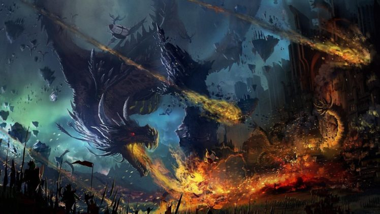 warrior, Fantasy art, Dragon, Fire, Battle, Creature, Battlefields HD Wallpaper Desktop Background
