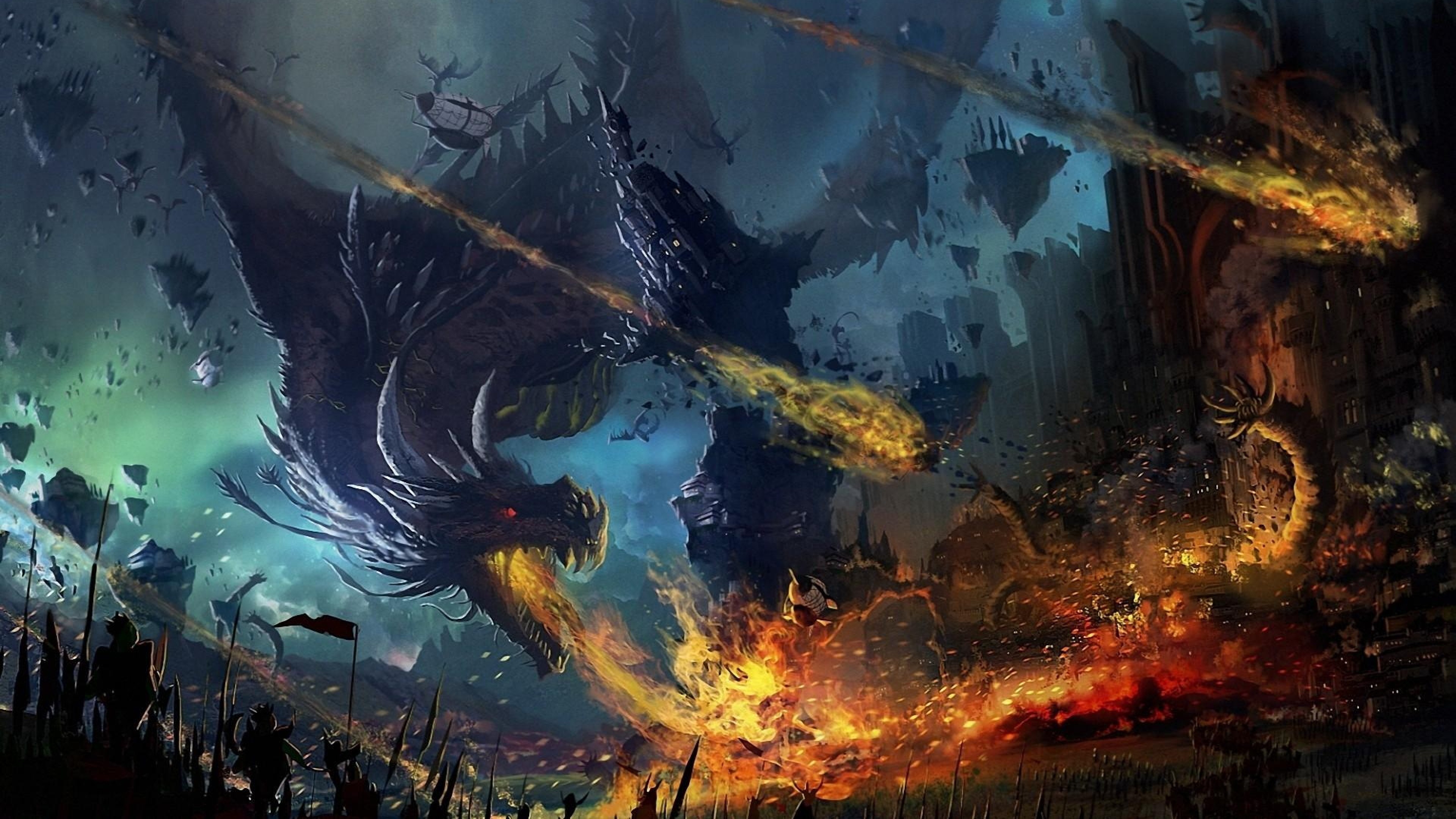warrior, Fantasy art, Dragon, Fire, Battle, Creature, Battlefields Wallpaper