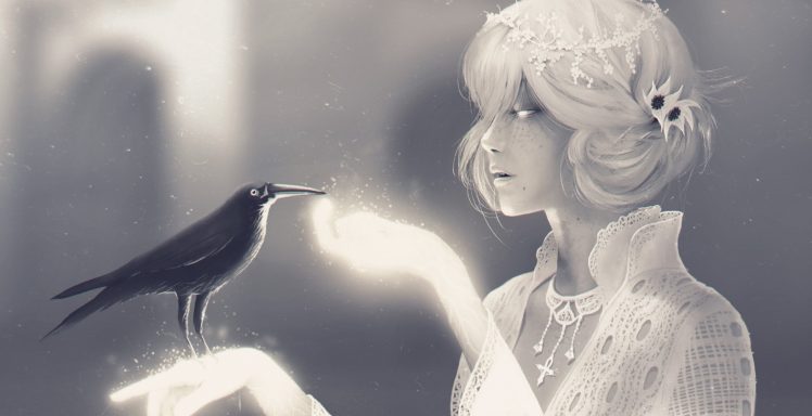 fantasy art, Fantasy girl, Crow, Raven HD Wallpaper Desktop Background