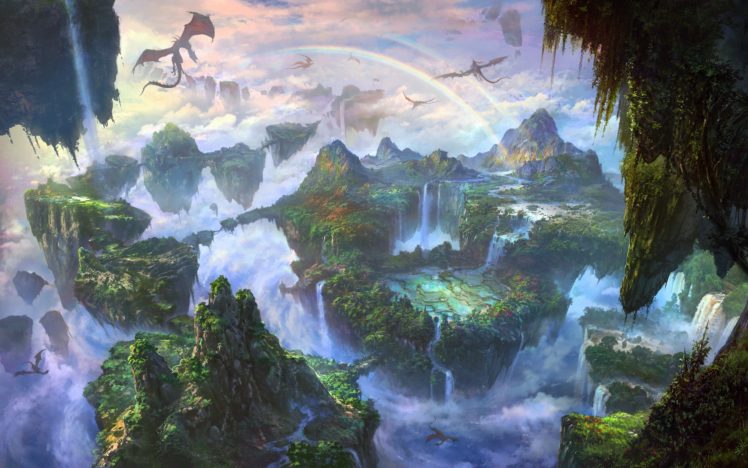 fantasy art, Landscape, Dragon, Rainbows, Waterfall HD Wallpaper Desktop Background