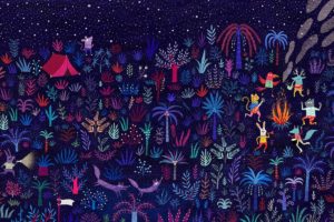 Mariana Ruiz Johnson, Digital art, Fantasy art, Fairy tale, Animals, Trees, Plants, Fire, Dancing, Playing, Musical instrument, Deer, Rabbits, Fox, Frog, Tiger, Parrot, Mice, Tent, Night, Stars