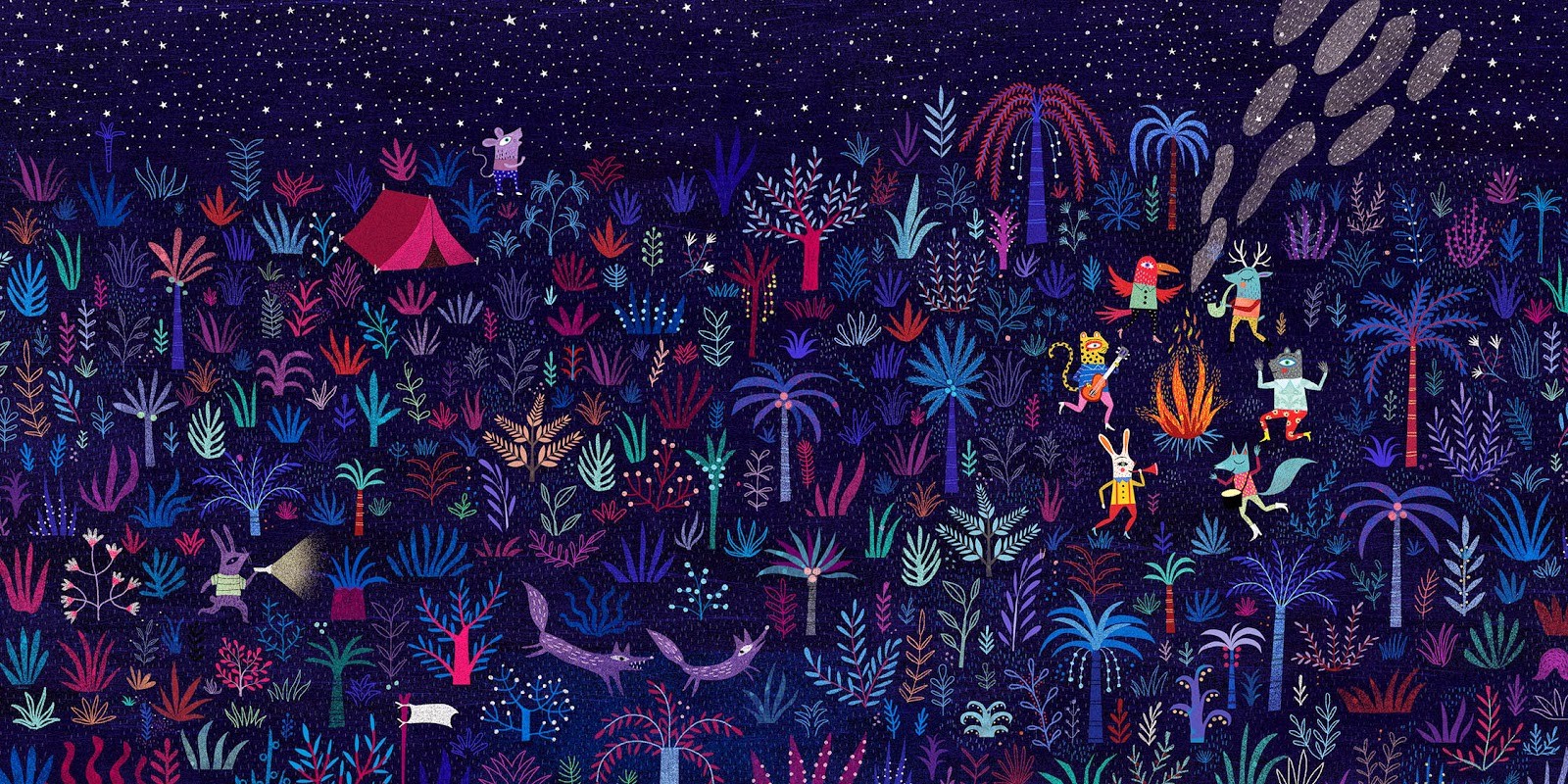 Mariana Ruiz Johnson, Digital art, Fantasy art, Fairy tale, Animals, Trees, Plants, Fire, Dancing, Playing, Musical instrument, Deer, Rabbits, Fox, Frog, Tiger, Parrot, Mice, Tent, Night, Stars Wallpaper