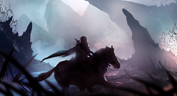 warrior, Loneliness, Hero, Fantasy art, Mist, Horse, Rock HD Wallpaper Desktop Background