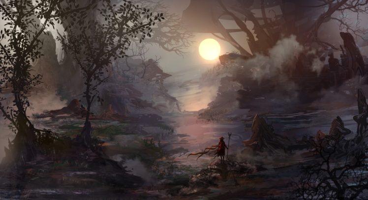 warrior, Loneliness, Hero, Fantasy art, Nature, Trees, Mist, Sun, Wind, Swamp HD Wallpaper Desktop Background