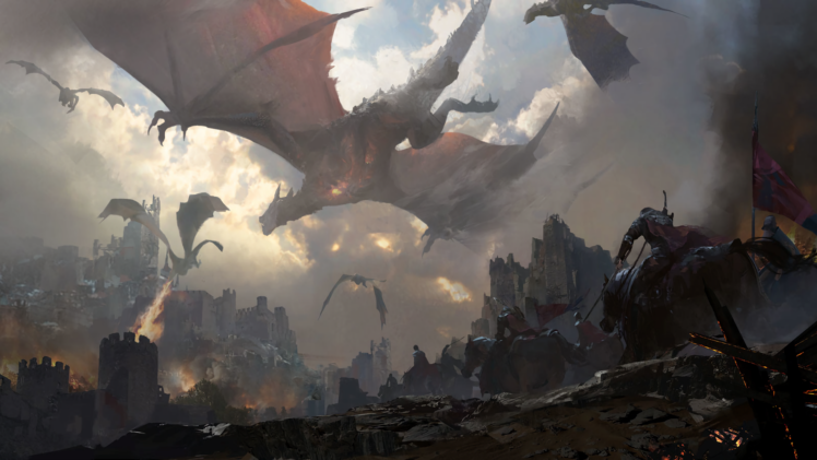 knight, Dragon, Fire, Battlefields, Horse, Castle HD Wallpaper Desktop Background