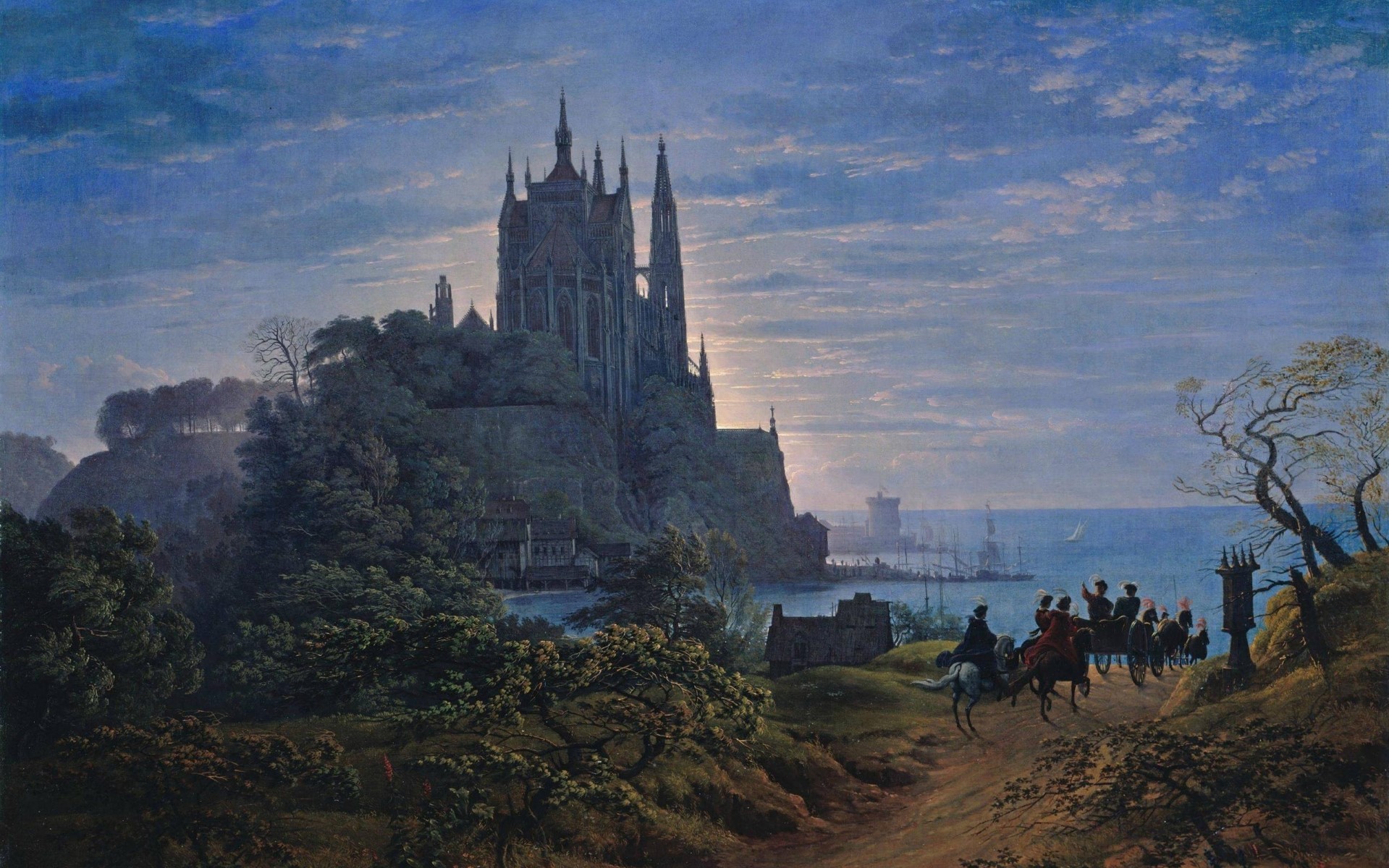 painting, Carriage, Horse, Coast, Castle, Dirt road, Classic art Wallpaper