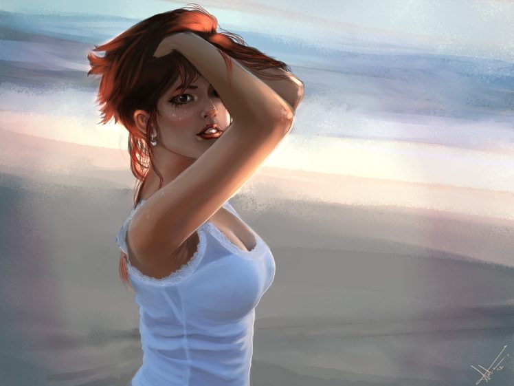 artwork, Women, Redhead, White tops HD Wallpaper Desktop Background