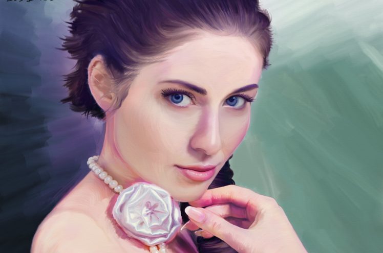 artwork, Women, Brunette, Blue eyes, Face, Pearl necklace HD Wallpaper Desktop Background