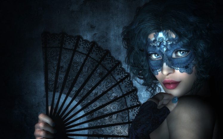 women, Venetian masks, Fans, Teal hair HD Wallpaper Desktop Background