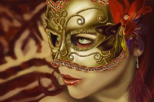 artwork, Women, Venetian masks, Green eyes, Face, Flower in hair, Redhead