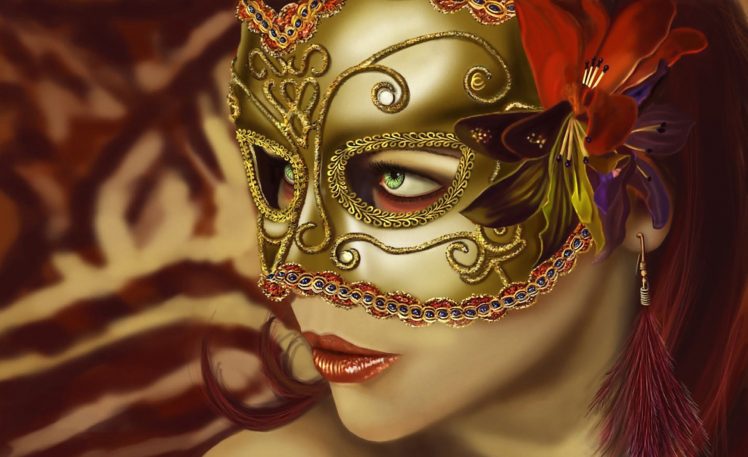 artwork, Women, Venetian masks, Green eyes, Face, Flower in hair, Redhead HD Wallpaper Desktop Background
