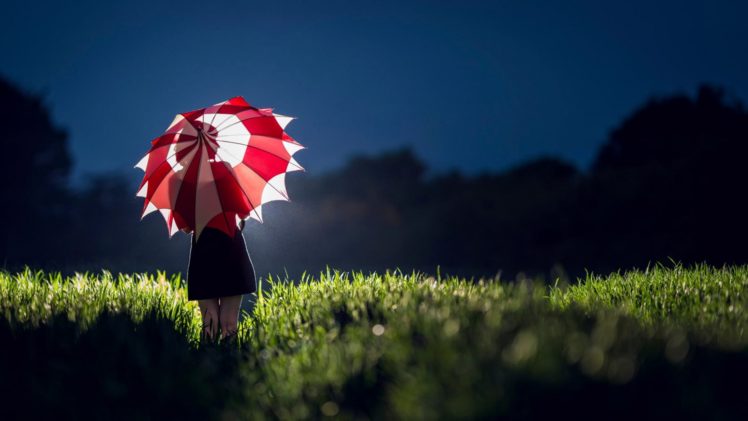 grass, Women outdoors, Umbrella, Night, Silhouette, Depth of field HD Wallpaper Desktop Background
