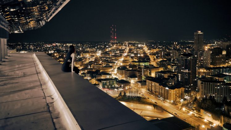 rooftops, Cityscape, Women, Sitting, Road, Night HD Wallpaper Desktop Background