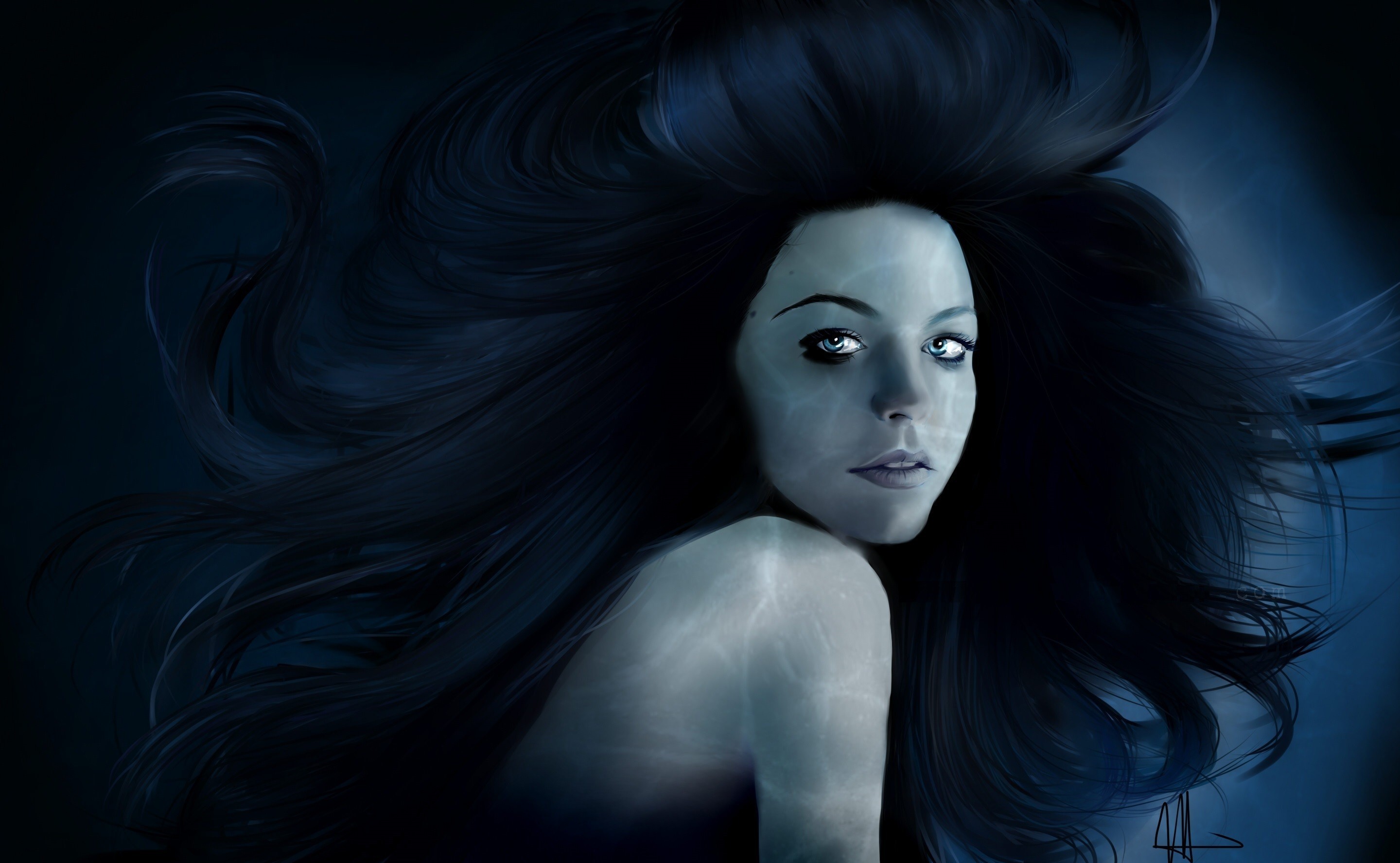 artwork, Women, Long hair, Brunette, Blue eyes Wallpaper