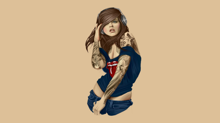 women, Headphones, Tattoo, Rolling Stones HD Wallpaper Desktop Background